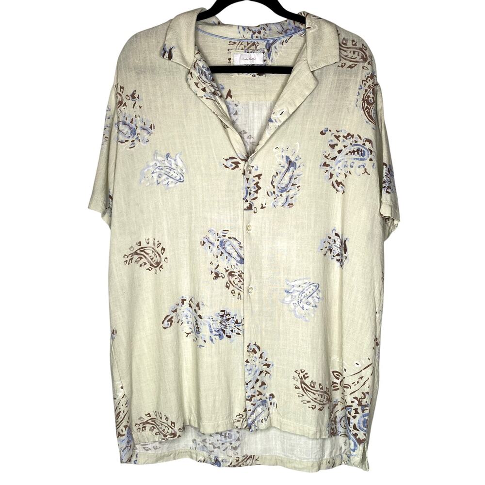 Porter & Ash Light Green Paisley Linen Blend Button Up Short Sleeve Top Size XL